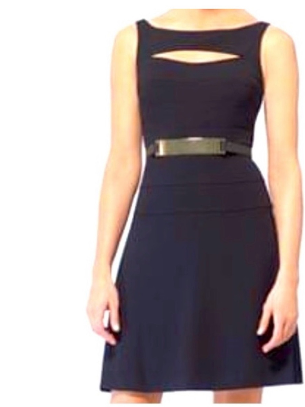 Cache‎ Black Sleeveless Mini Dress with Front Cutout and Gold Plate Belt Size